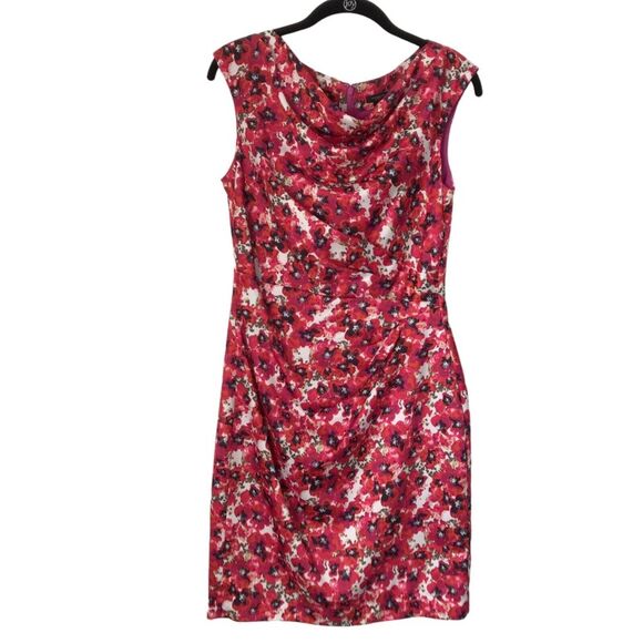 Ann Taylor Womens Dress Size 4 Red Sheath Floral Sleeveless Ruched Knee Length - Picture 1 of 11